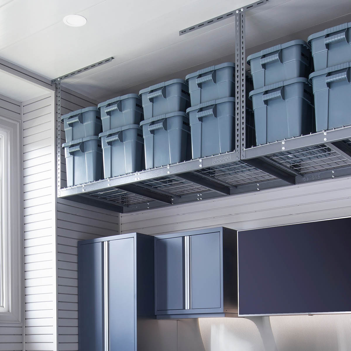 Garage Living overhead racks with grey bins