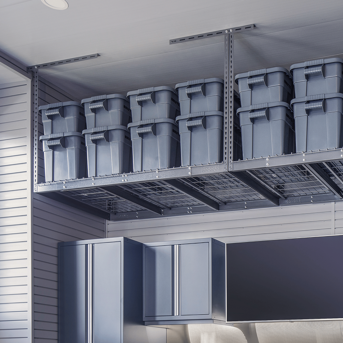 Tire racks, overhead storage, shelving