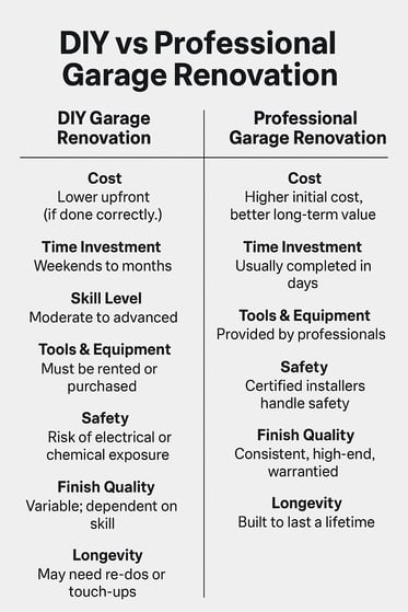 An infographic shows a summarized comparison of the DIY vs. Professional Garage Renovation process 