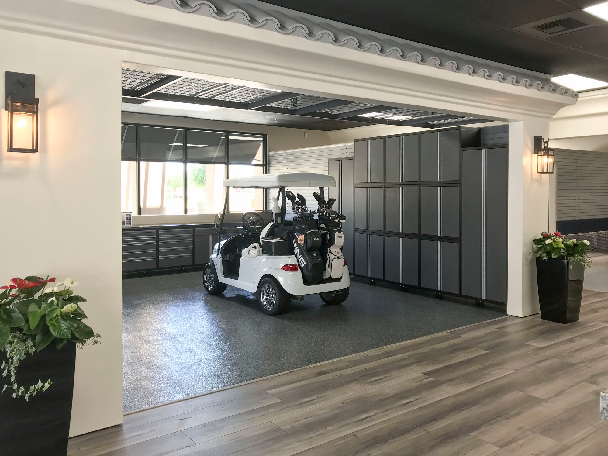 Garage Living Palm Springs sleek flooring and cabinetry display