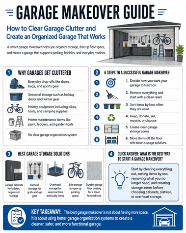 Step-by-step garage makeover guide showing how to declutter, organize, and create functional garage storage zones.