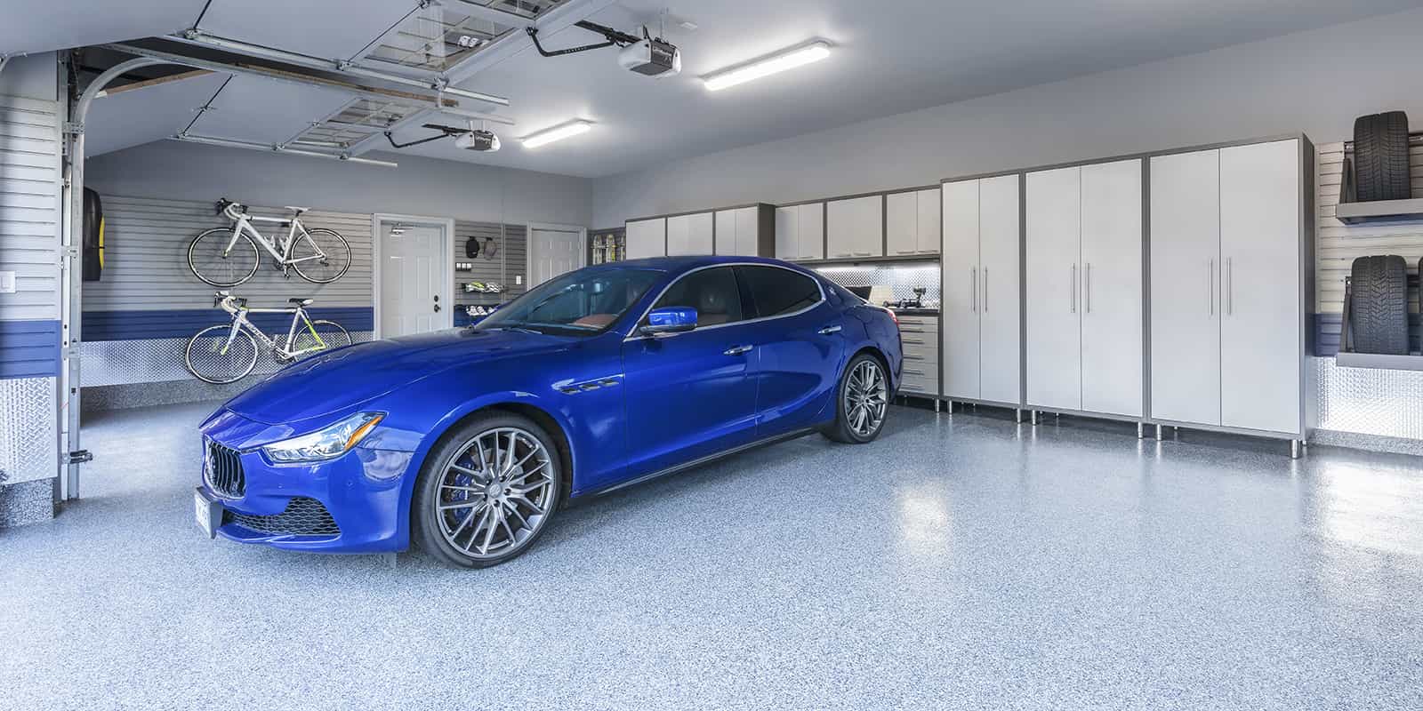 blue maserati garage cabinets