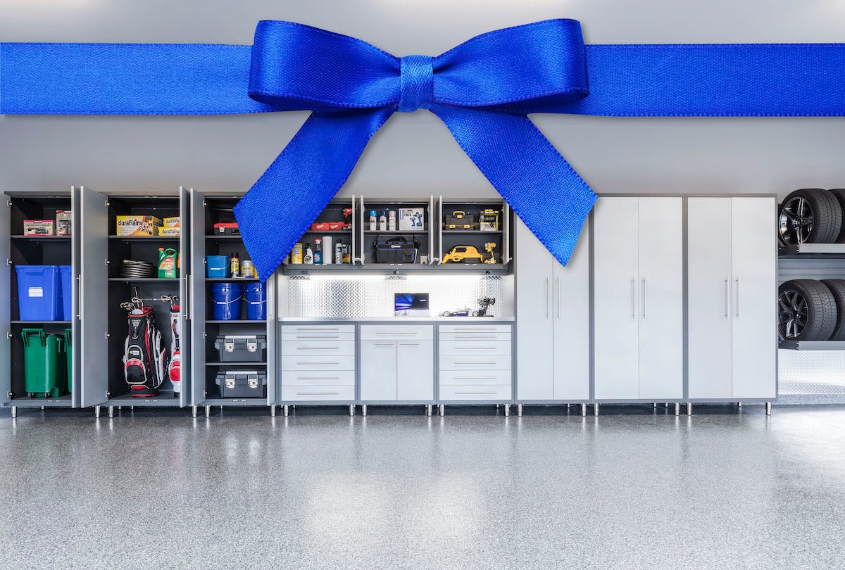 automotive gift ideas, garage cabinets with blue bow