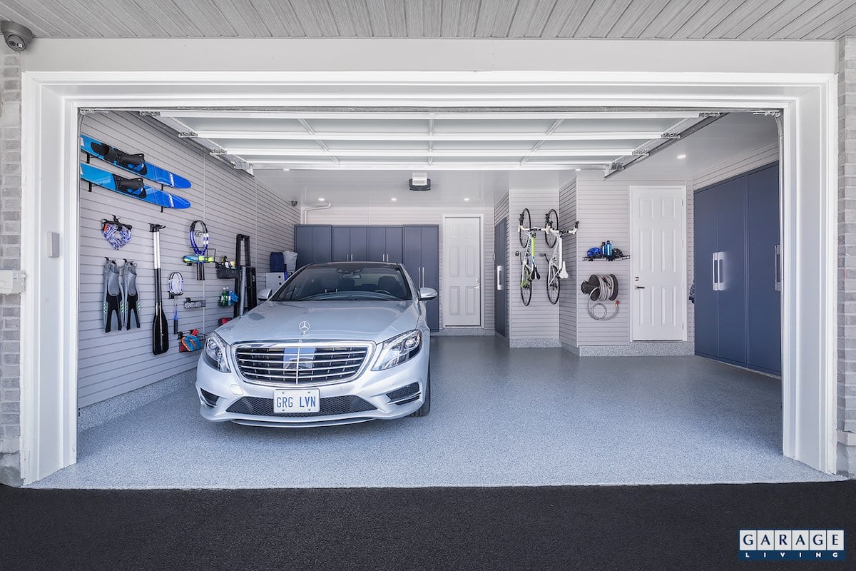 open garage with parked white car