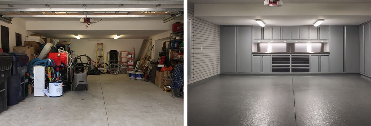 Before and after photos of garage makeover by Garage Living.