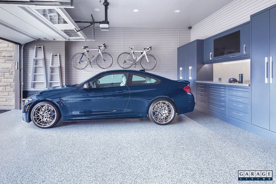 garage wish list, parked blue car