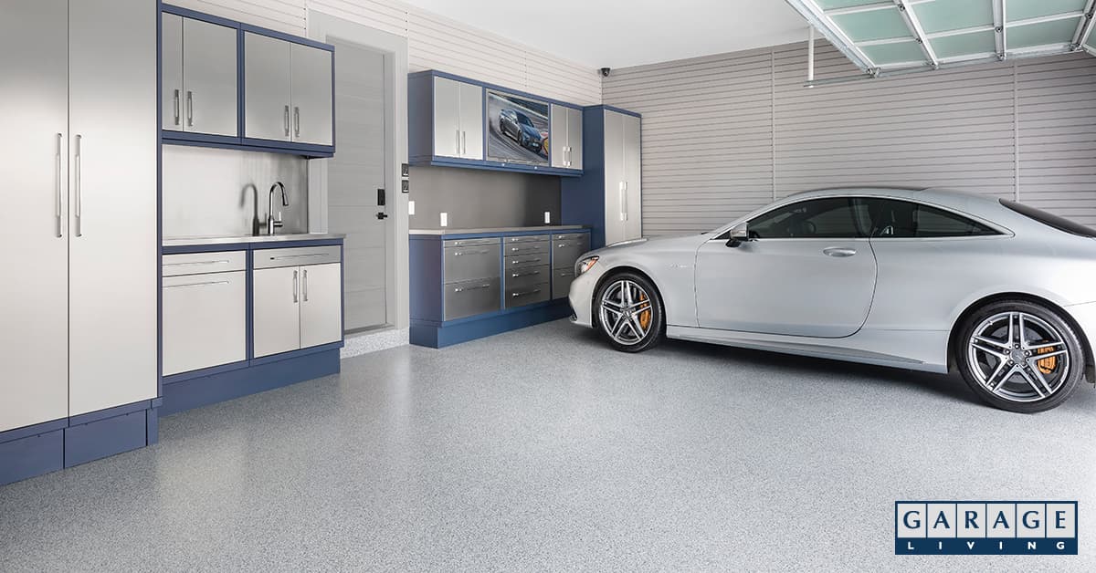 Clean, new garage with Mercedes vehicle.