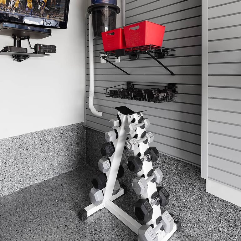 dumbbells, garage shelving, television