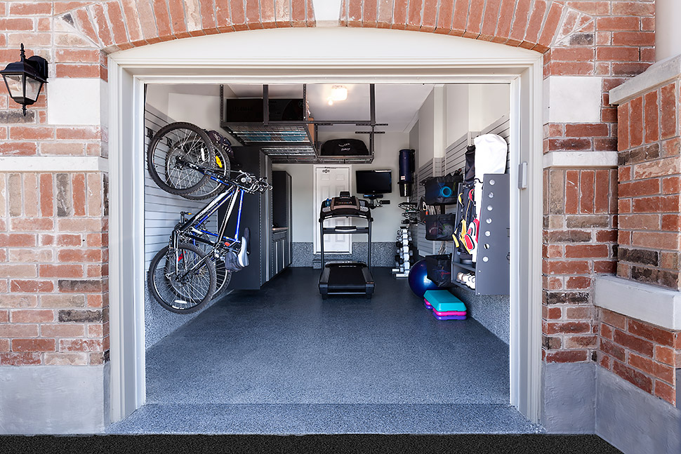 open garage with fitness equipment