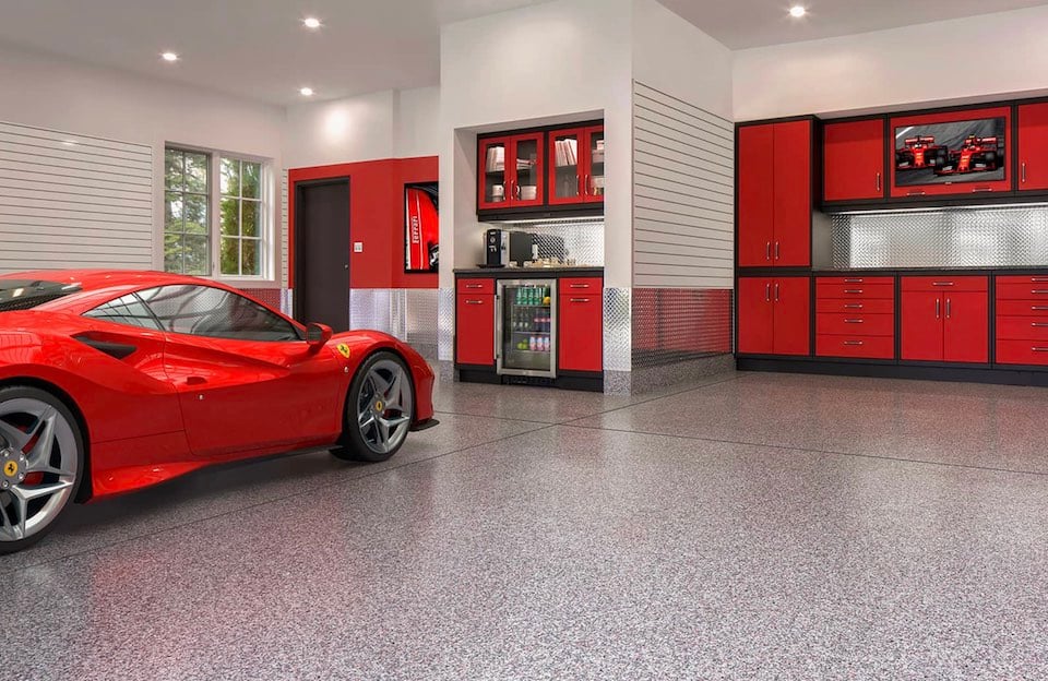 beautiful garage with parked red Ferrari
