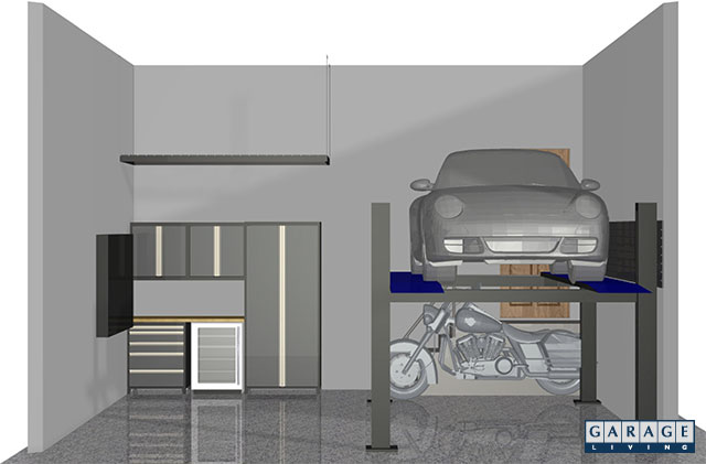 3D drawings of garage plans for a two car garage.