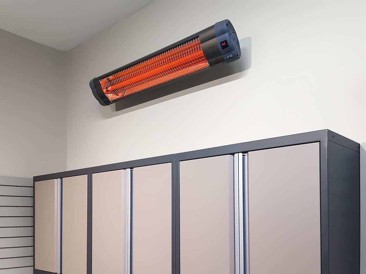 Electric radiant heater for garage with remote.