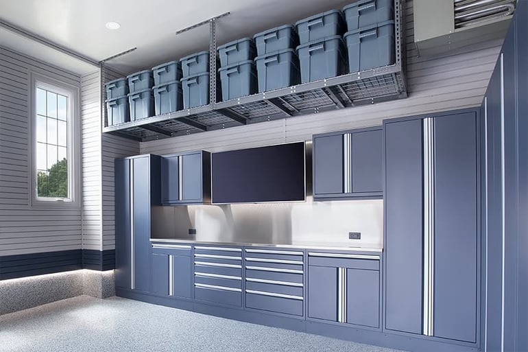 plastic storage bins in garage overhead storage racks