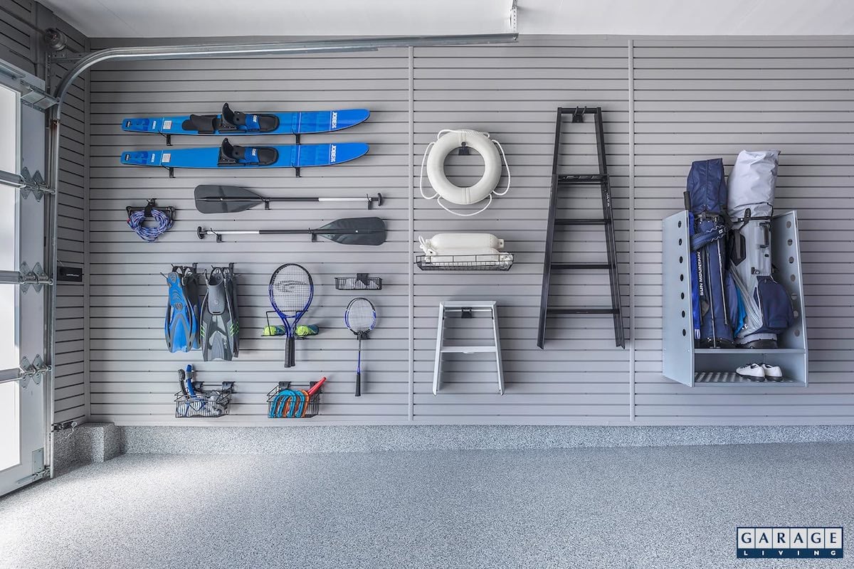 organized garage with hanging items