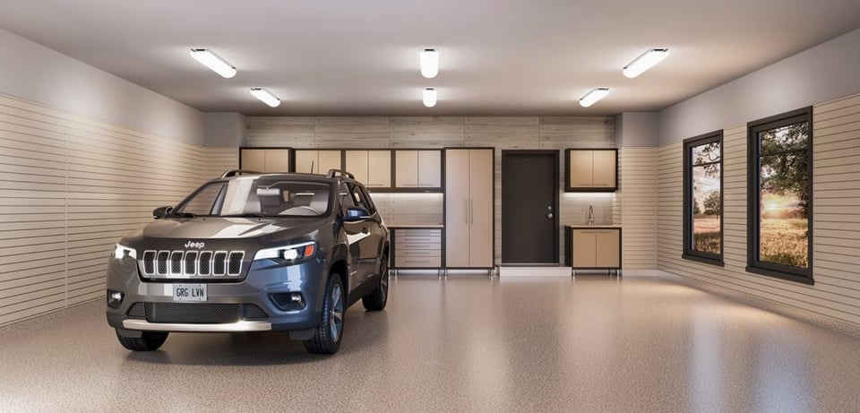 Jeep SUV in a barn board inspired custom garage.