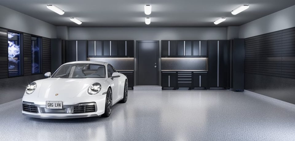 White Porsche in grey and white themed garage.