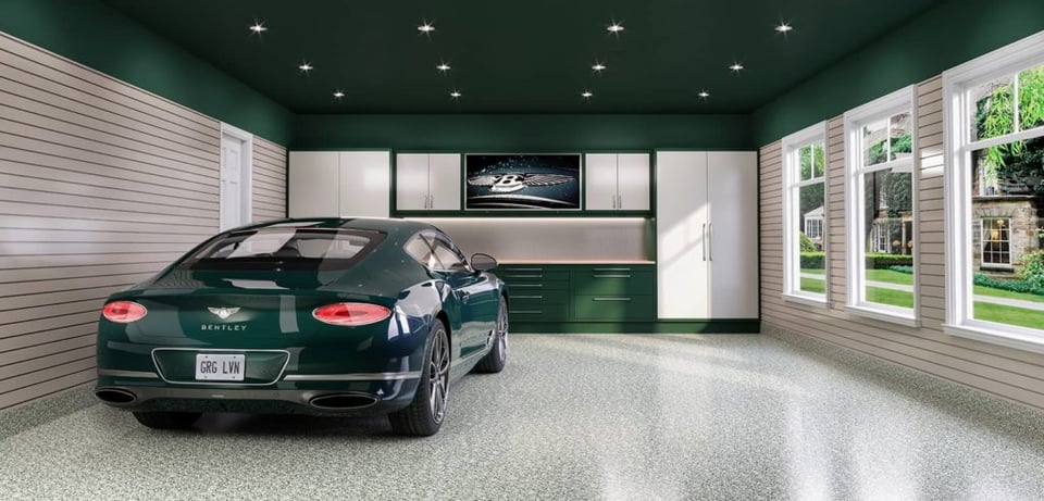 Green sportswear in a green-themed garage.