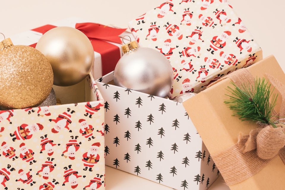 holiday decorations in boxes