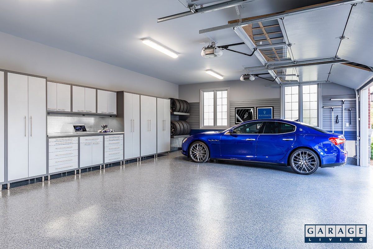 winter garage makeover parked blue car