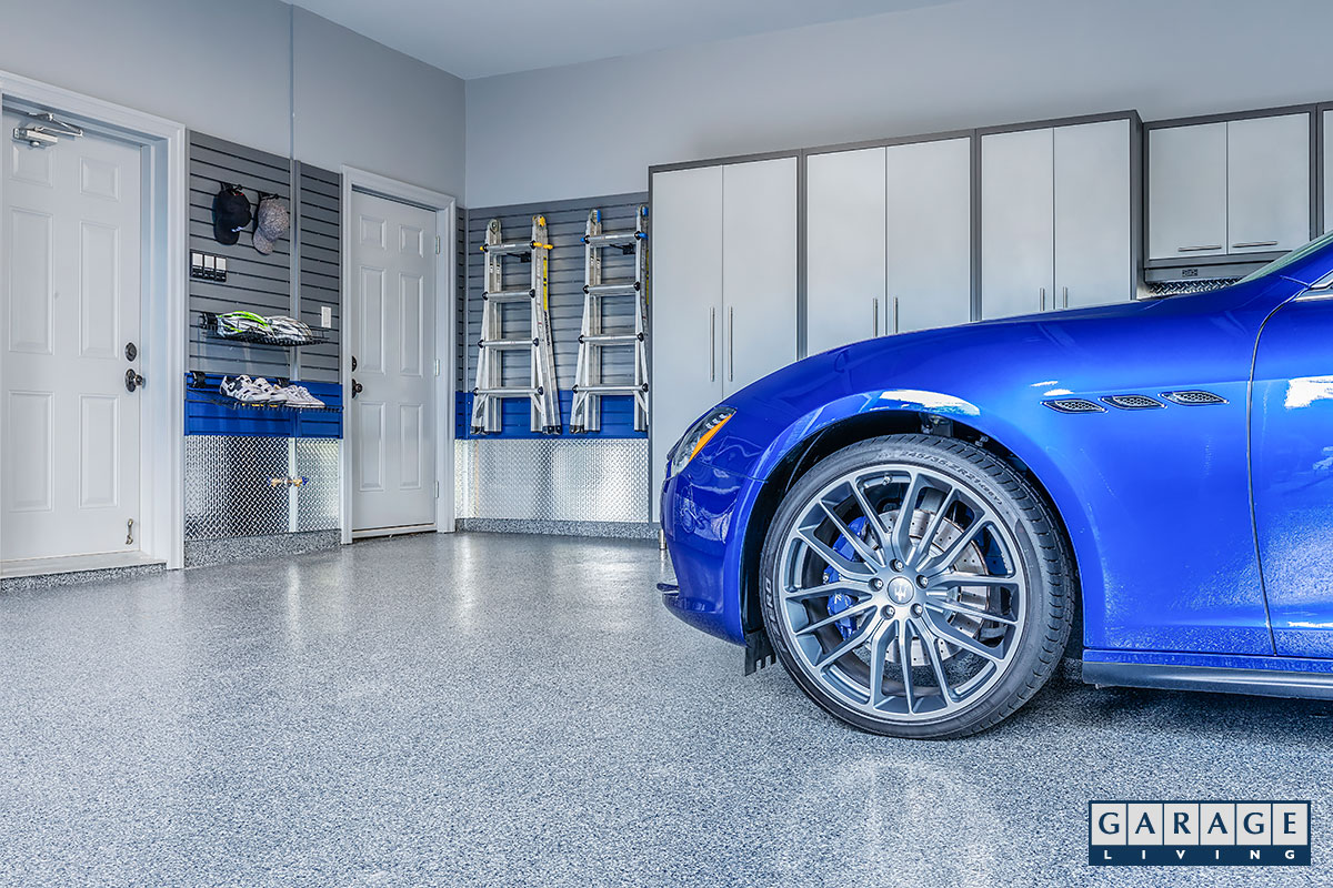 blue sports car in luxury garage