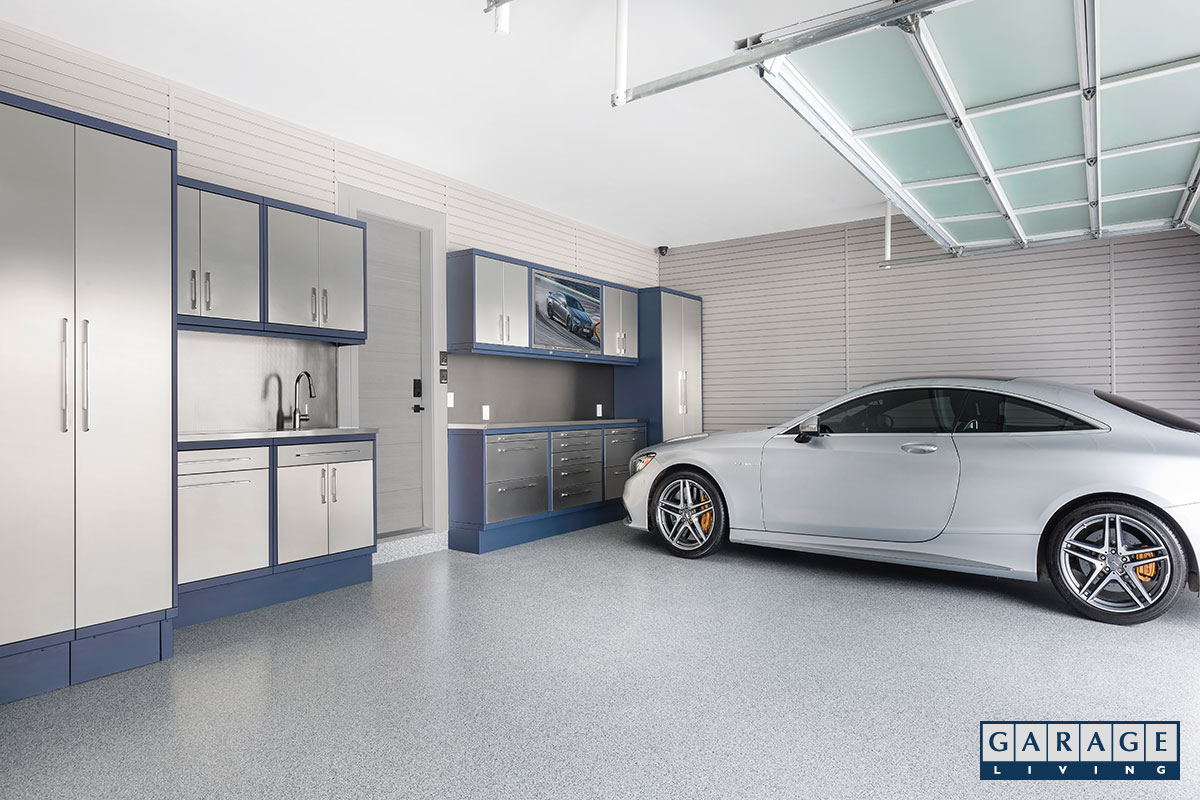 luxury garage with parked white car