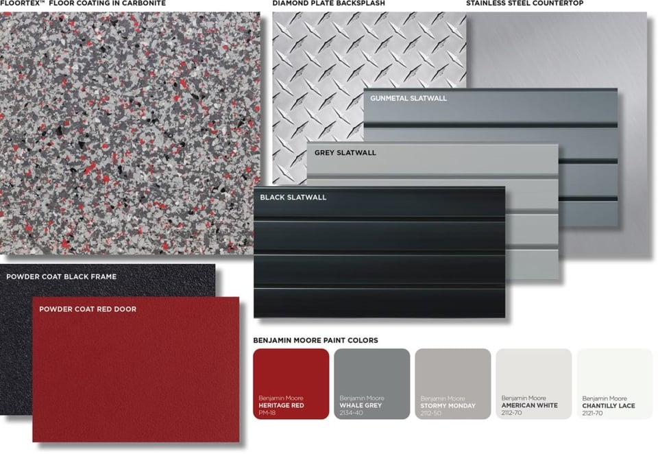 Design board showing paint swatches, various slatwall panel colors, textures, and materials