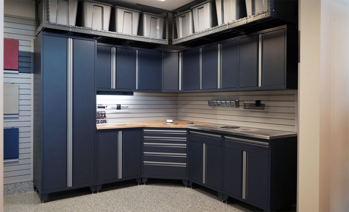 Garage Living Omaha - Showroom - Cabinetry and upper storage racks