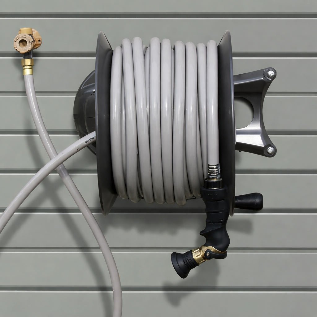 Hose reel mounted perpendicular - Garage Living