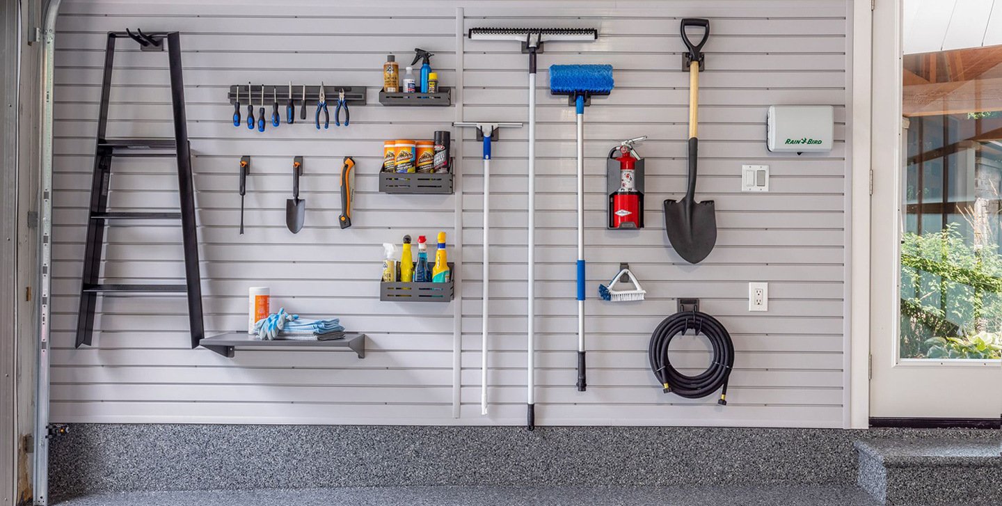 Dedicated storage keeps gardening tools organized.