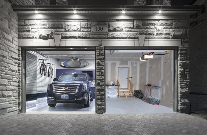 Before and after garage makeover showing improved garage organization, storage systems, and open floor space.