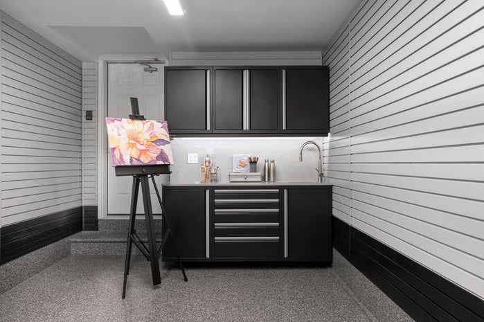 Custom garage storage system with cabinetry and wall organization for a clean, functional garage makeover.
