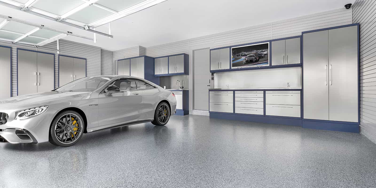 mercedes in custom steel garage