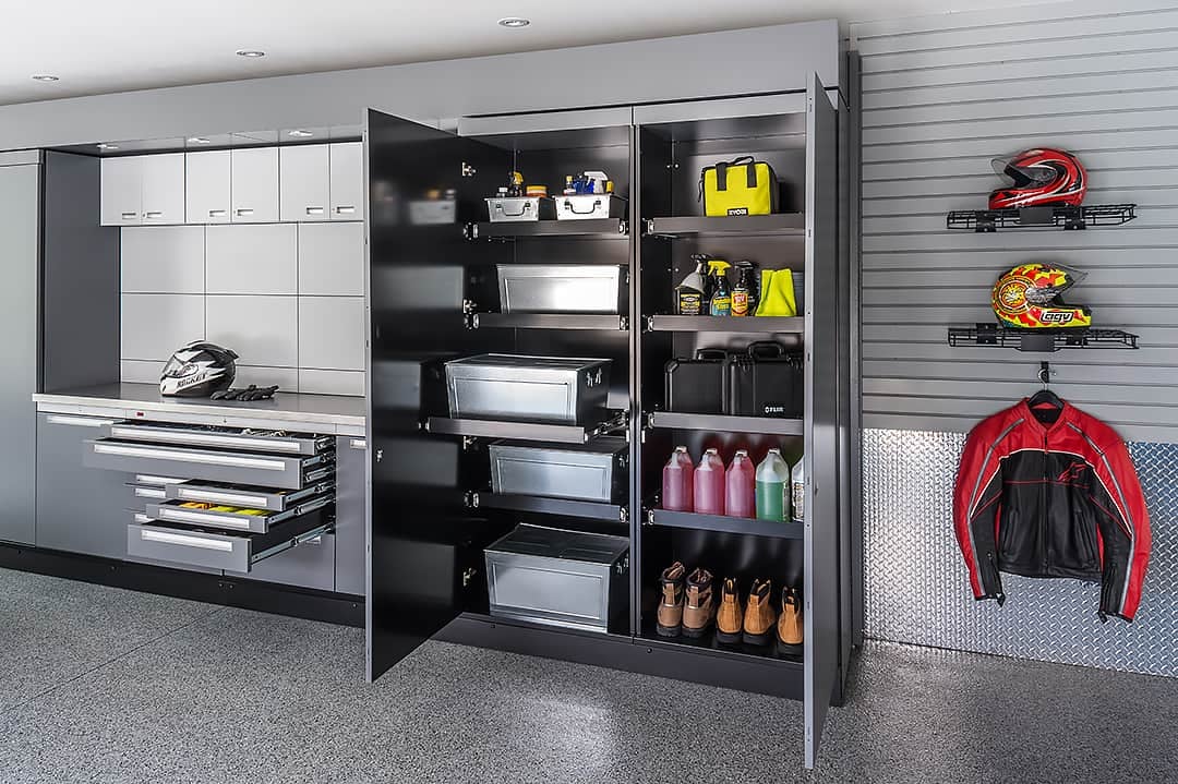 open garage cabinets neatly stored liquids