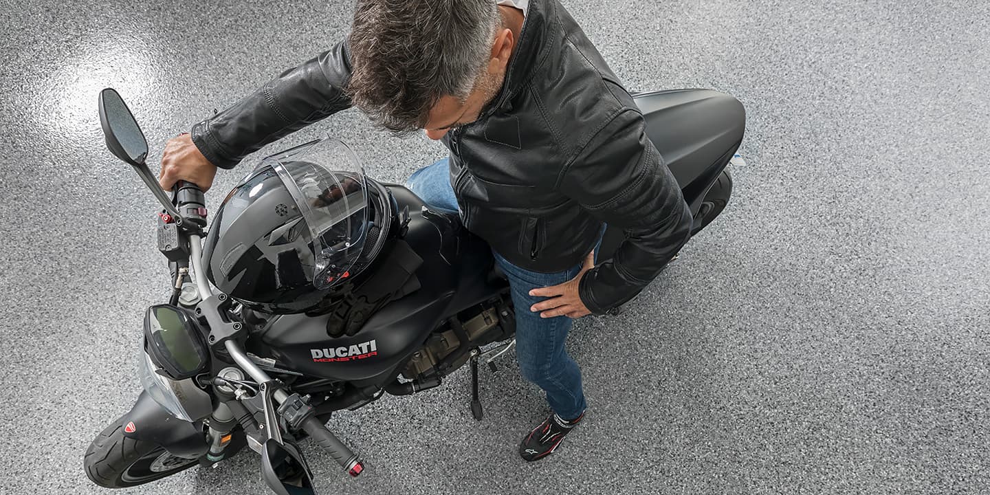Garage Flooring and upper shot of motorcycle - Garage Living
