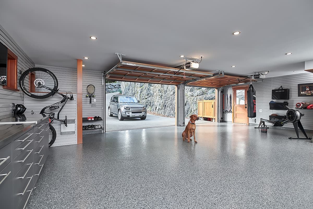 Multi-purpose garage with weights, bicycle, dog