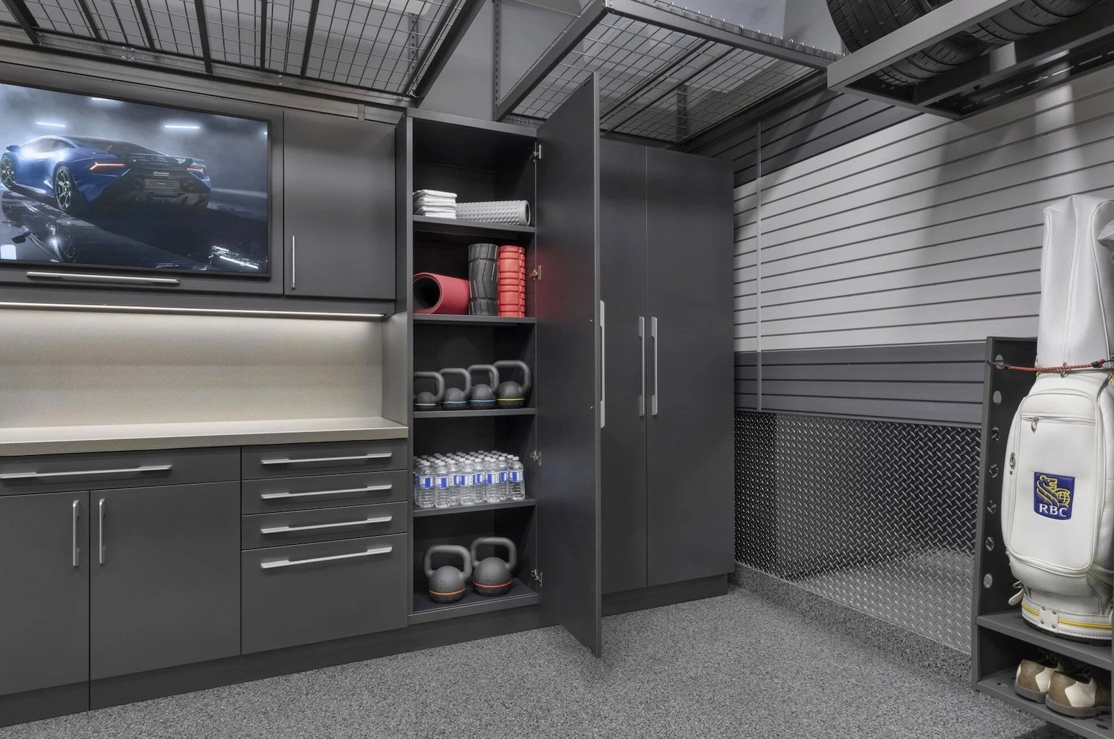 open garage cabinets with weights