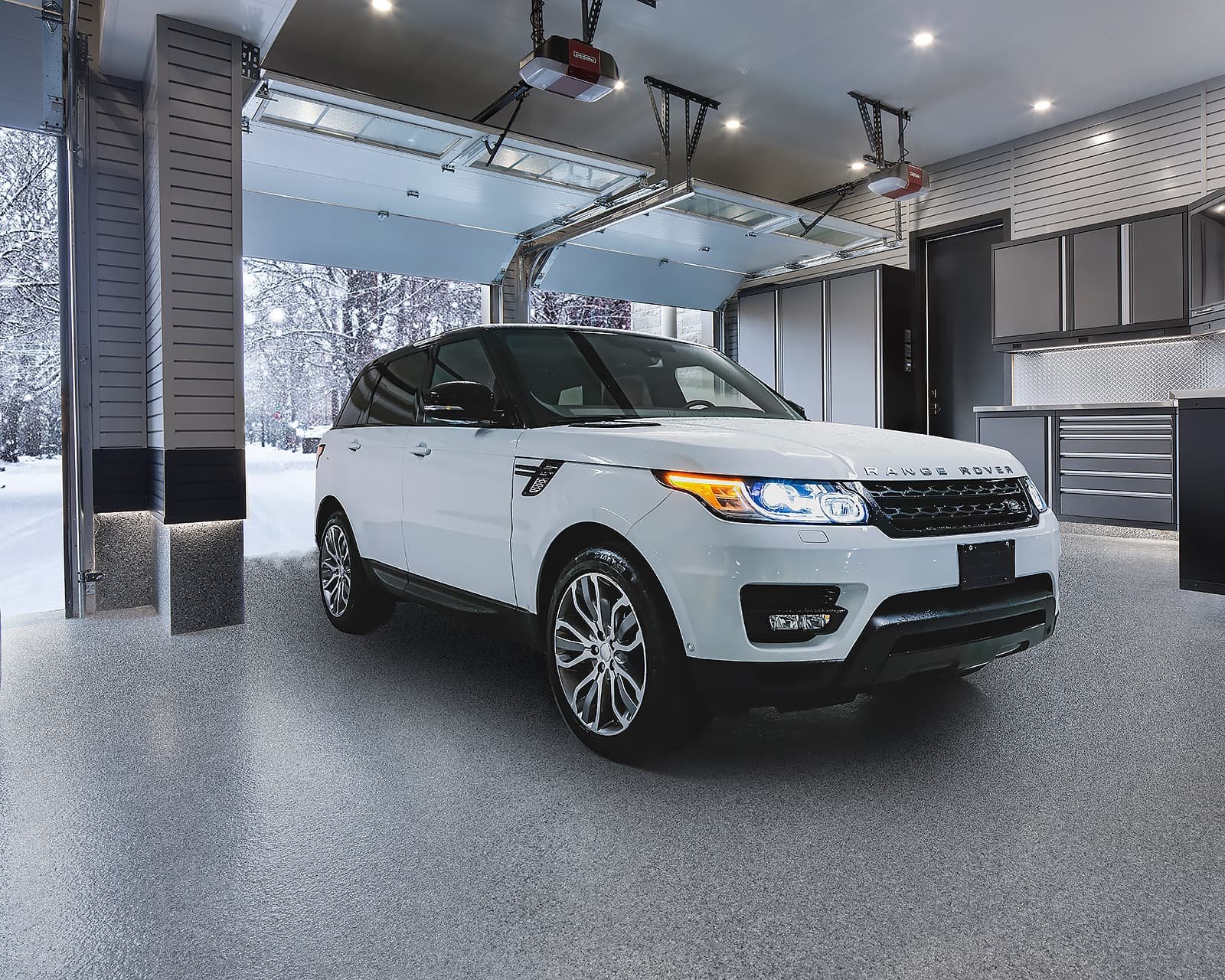 white Range Rover on new garage floor coating in winter