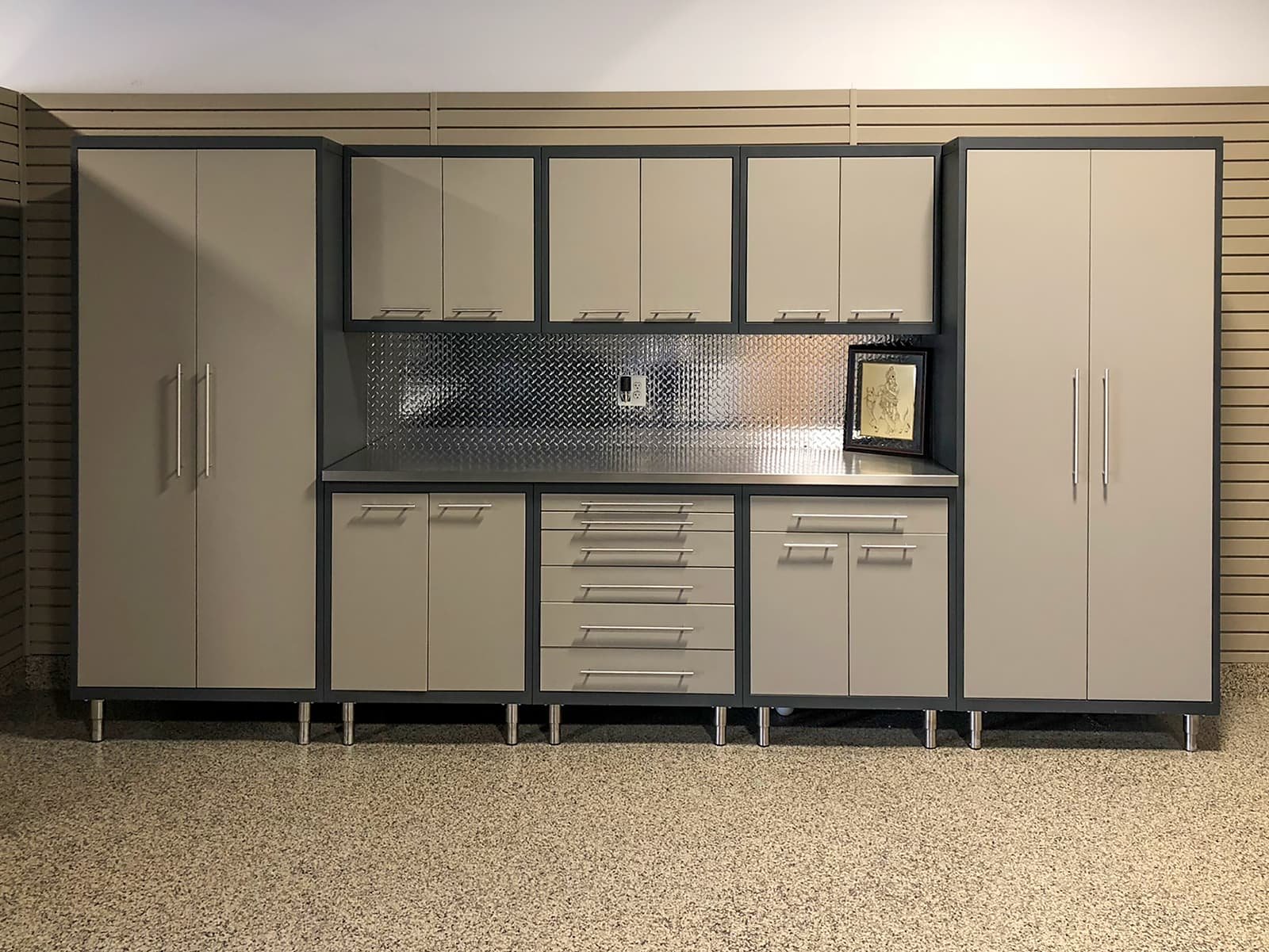 Garage Living Detroit taupe cabinets flooring