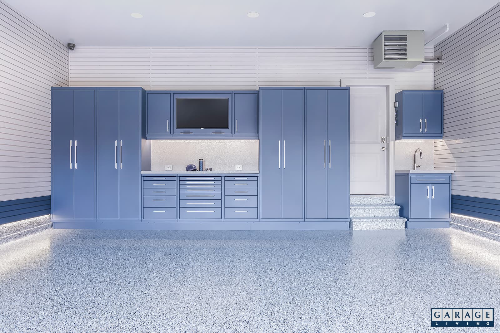 Harbor Blue Garage with Custom Steel cabinetry by Garage Living