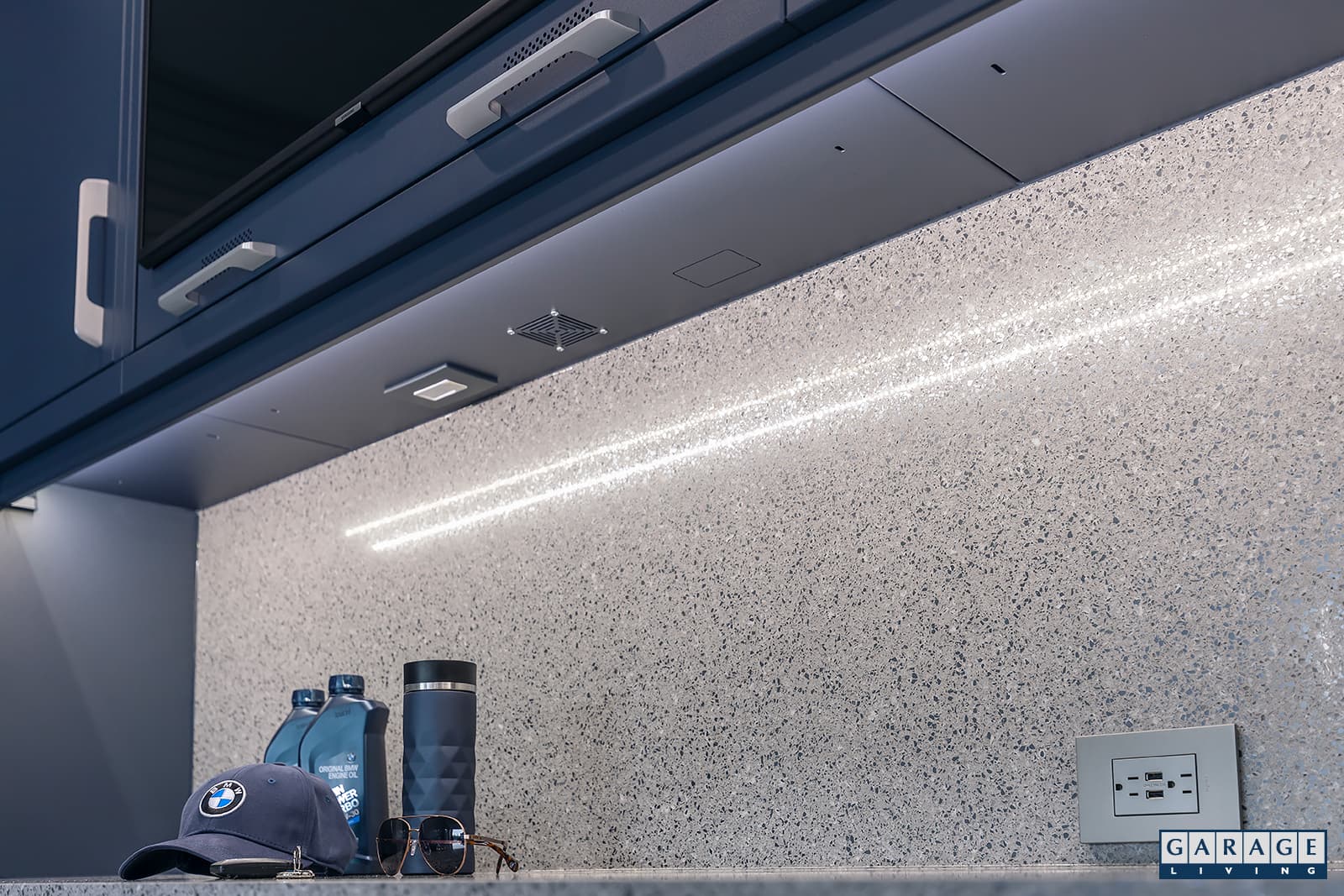 Harbor  Blue Garage with Custom Steel cabinetry - LED under-cabinet lighting - by Garage Living