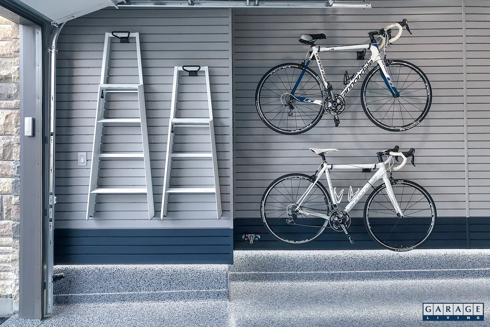Two tone slatwall panels in grey and Harbor Blue by Garage Living