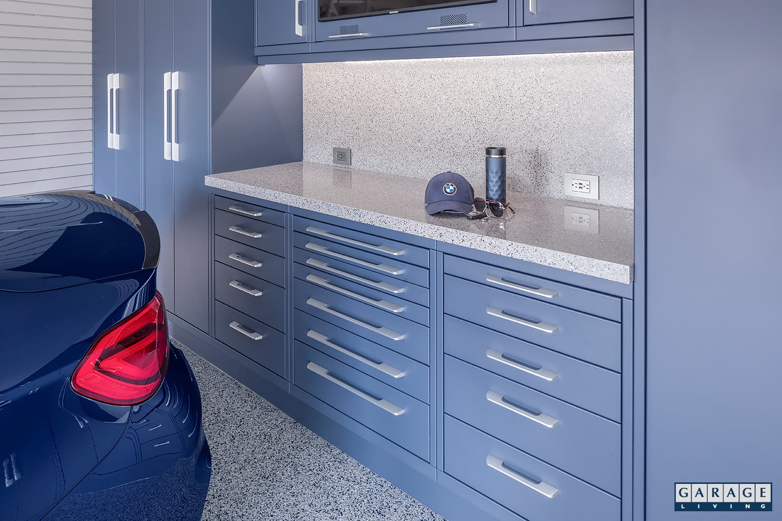 Harbor Blue Garage with Custom Steel cabinetry by Garage Living