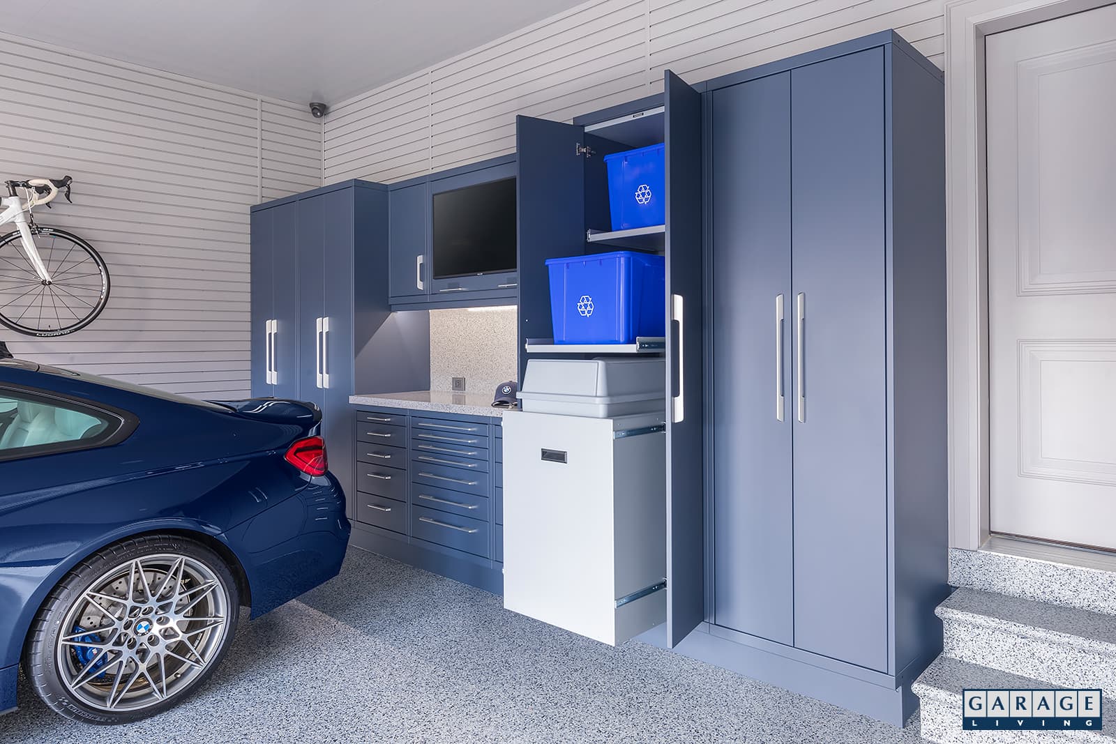 Harbor Blue Garage with Custom Steel cabinetry - pull out shelving - by Garage Living