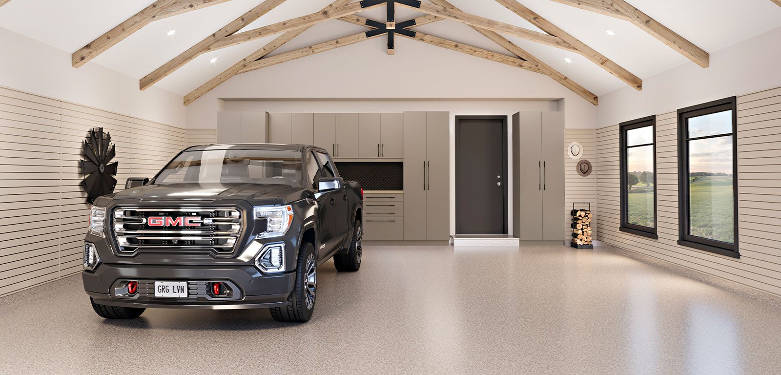 Garage Living UpCOUNTRY: Modern garage design with natural elements and clean lines.