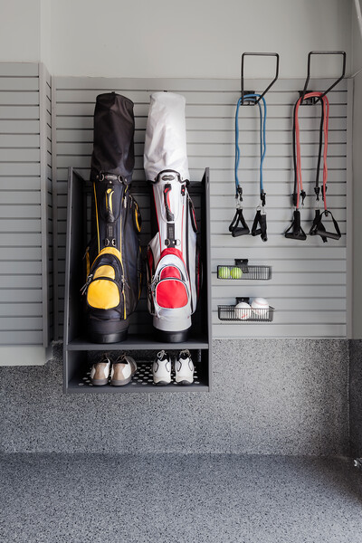 exercise equipment slatwall garage fitness room basketball court garage floor - The Fitness Room Garage - Garage Living