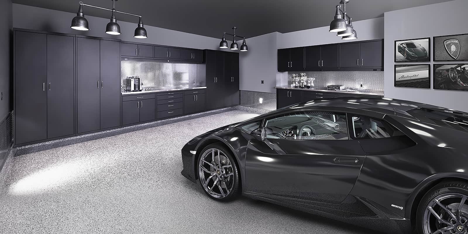 Black matte GL Custom Steel cabinetry, a Floortex® floor coating (Charcoal), and a 2016 Lamborghini Huracán Spyder.
